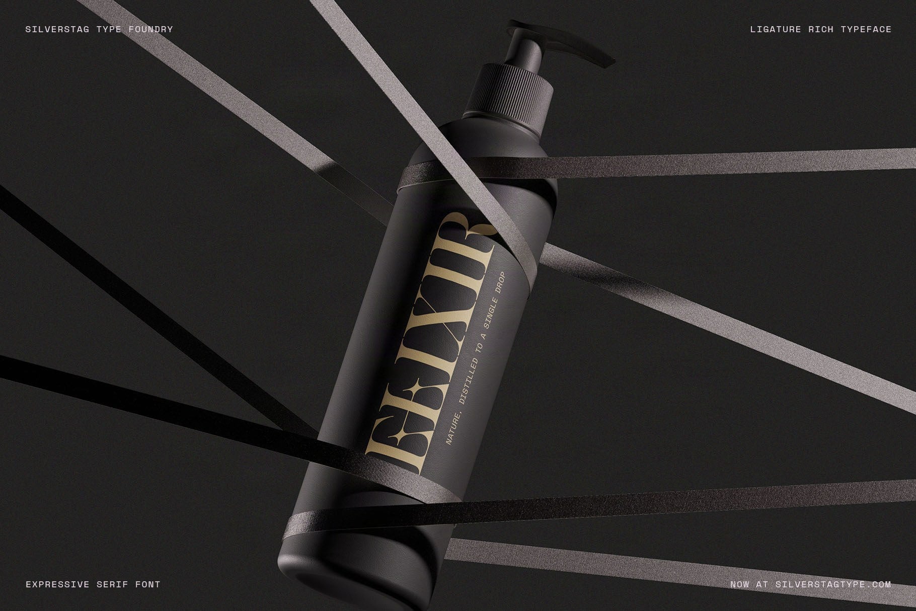Elixir wordmark in SLTF Spanish Archer on a black pump bottle wrapped in ribbons
