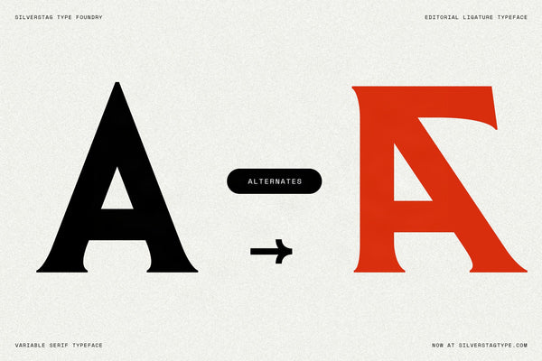 SLTF Arcilla OpenType stylistic alternate demonstration — the default uppercase A in solid black shown alongside its striking alternate form in red: a reversed diagonal design with a bold crossbar and angular counter. One of the many alternates included. Accessible via the salt or stylistic alternates feature in supported design applications.