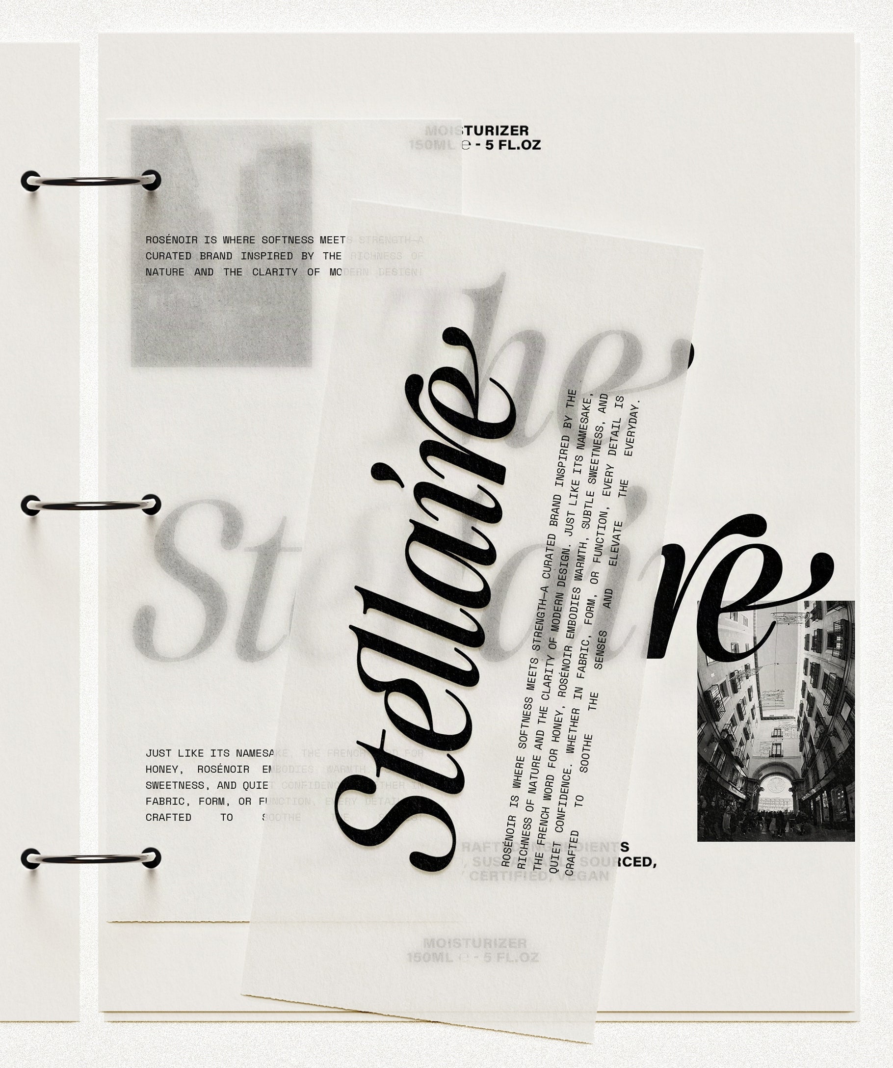 The Stellaire skincare packaging mockup in SLTF The Brachen, large italic serif wordmark on angled translucent vellum sheets with a small photo