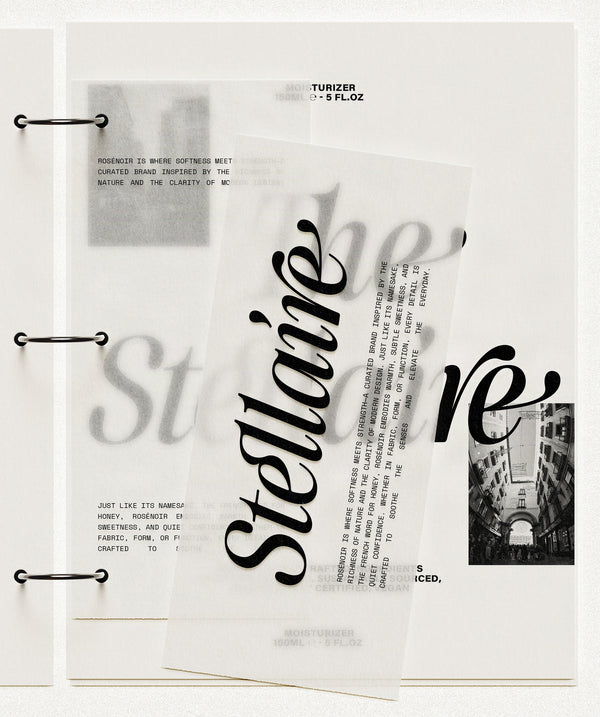 The Stellaire skincare packaging mockup in SLTF The Brachen, large italic serif wordmark on angled translucent vellum sheets with a small photo