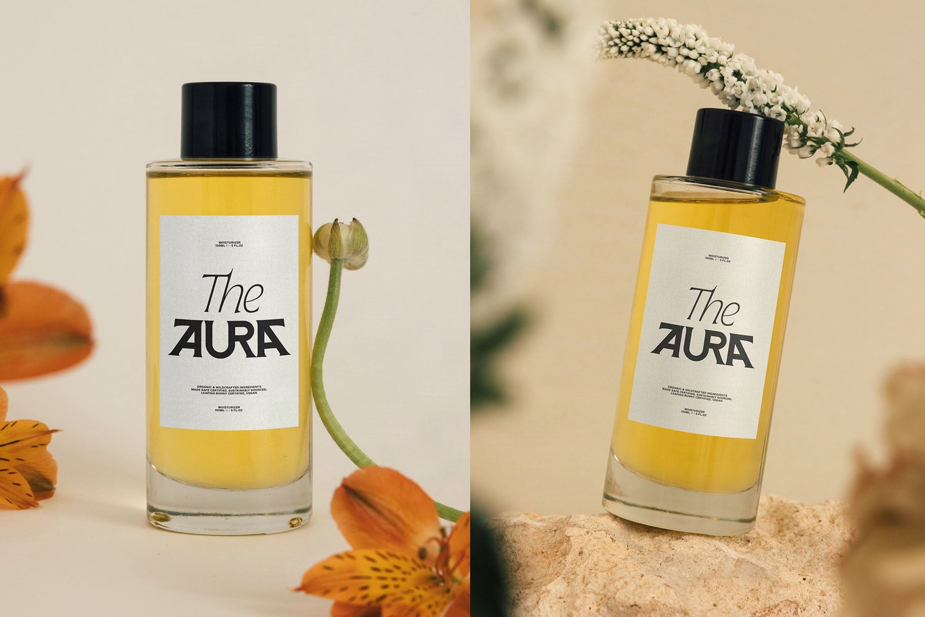 SLTF Arcilla Bold used in The AURA skincare brand — two glass bottle mockups filled with yellow serum, photographed with orange alstroemeria flowers and white blossoms on cream and sand backgrounds. The A alternate glyph is visible in AURA. Demonstrates Arcilla in high-end botanical skincare branding and packaging.
