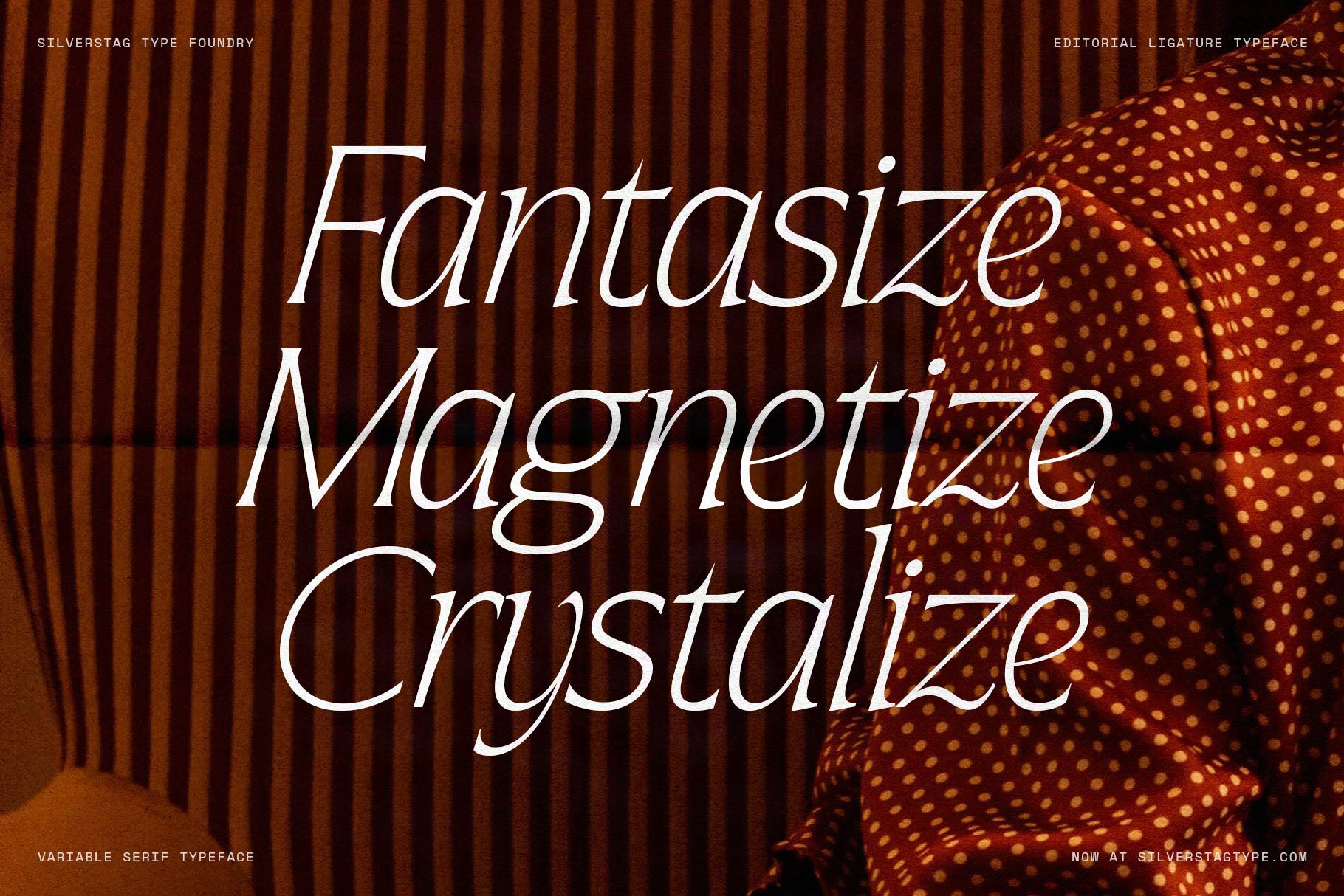 SLTF Arcilla Light Italic specimen — three evocative words Fantasize, Magnetize, and Crystalize stacked at large scale in white on a dark background showing corduroy and polka-dot fabrics. The ultra-light italic weight demonstrates Arcilla's refined end of the spectrum — delicate, atmospheric, and deeply editorial.