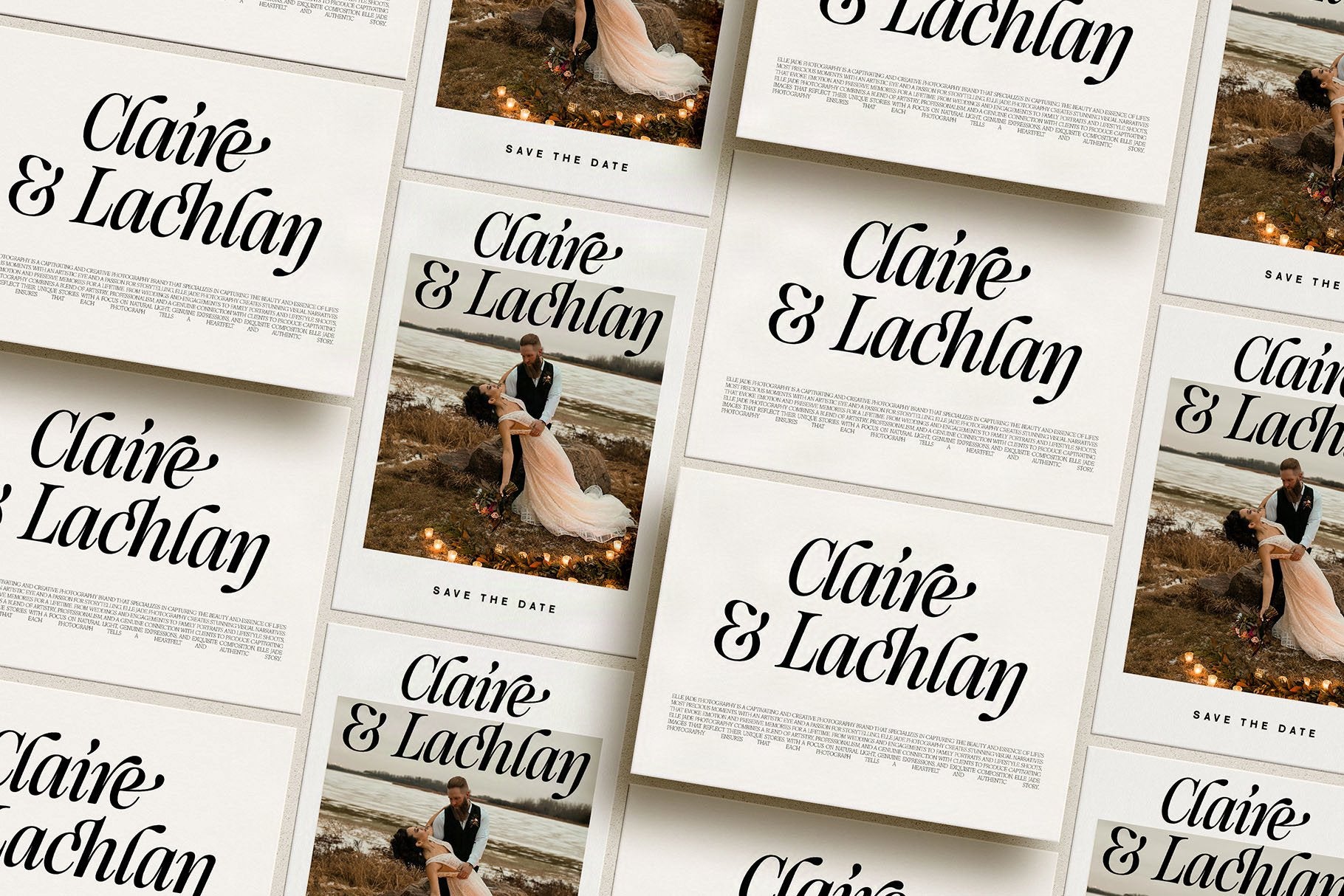 Overhead grid of Claire and Lachlan save the date cards in SLTF The Brachen black calligraphic serif with a couple photo on ivory paper