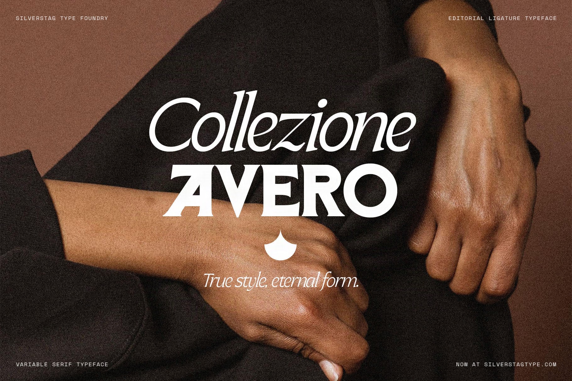 SLTF Arcilla Bold Italic and Bold weight specimen in the Collezione AVERO fashion brand context — white letterforms on a close-up photograph of interlaced hands resting on black fabric. The italic Collezione contrasts with the upright AVERO to create hierarchy. A strong example of Arcilla in Italian-influenced fashion brand naming.