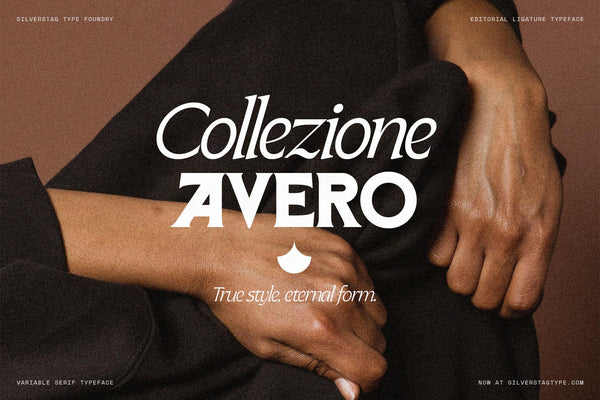 SLTF Arcilla Bold Italic and Bold weight specimen in the Collezione AVERO fashion brand context — white letterforms on a close-up photograph of interlaced hands resting on black fabric. The italic Collezione contrasts with the upright AVERO to create hierarchy. A strong example of Arcilla in Italian-influenced fashion brand naming.