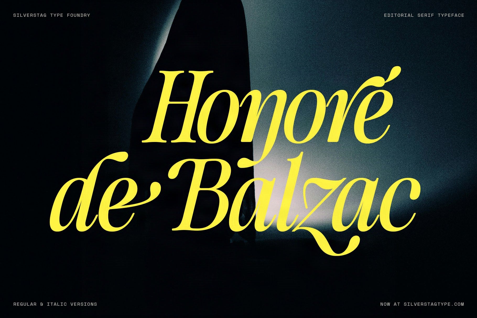 The name Honore de Balzac in yellow SLTF The Brachen italic serif on a dark moody background