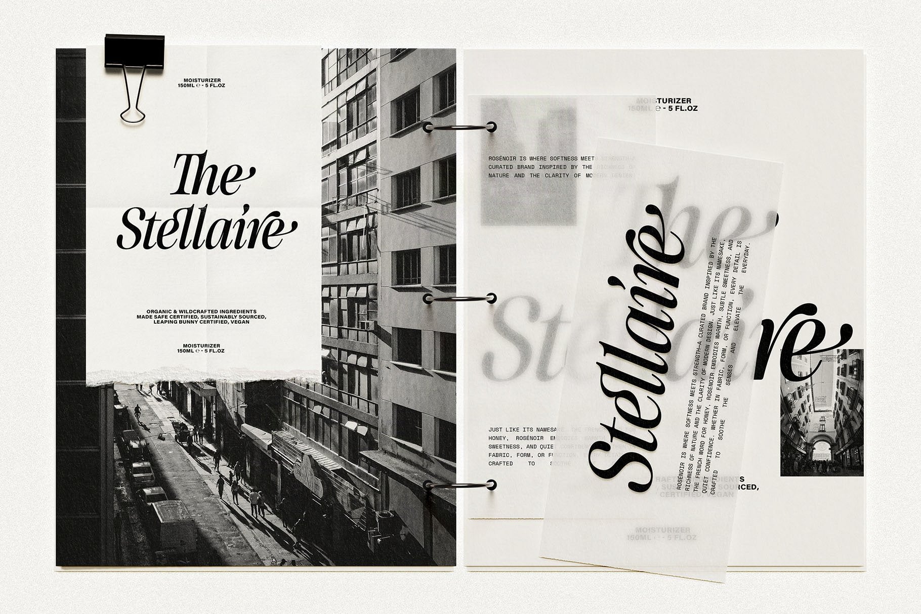 The Stellaire packaging mockup in SLTF The Brachen, italic serif wordmark on binder clipped vellum sheets over a black and white city building photo