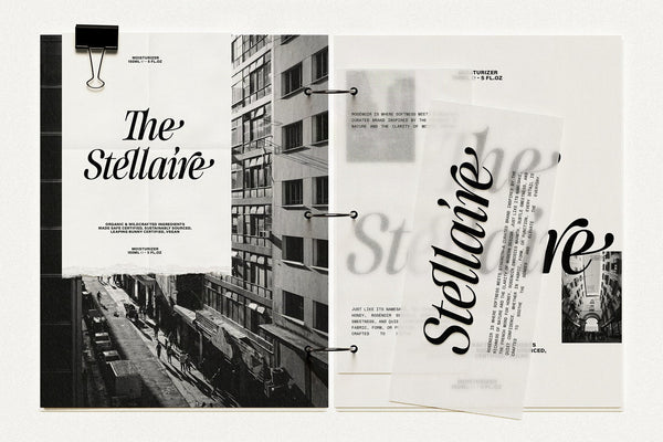 The Stellaire packaging mockup in SLTF The Brachen, italic serif wordmark on binder clipped vellum sheets over a black and white city building photo