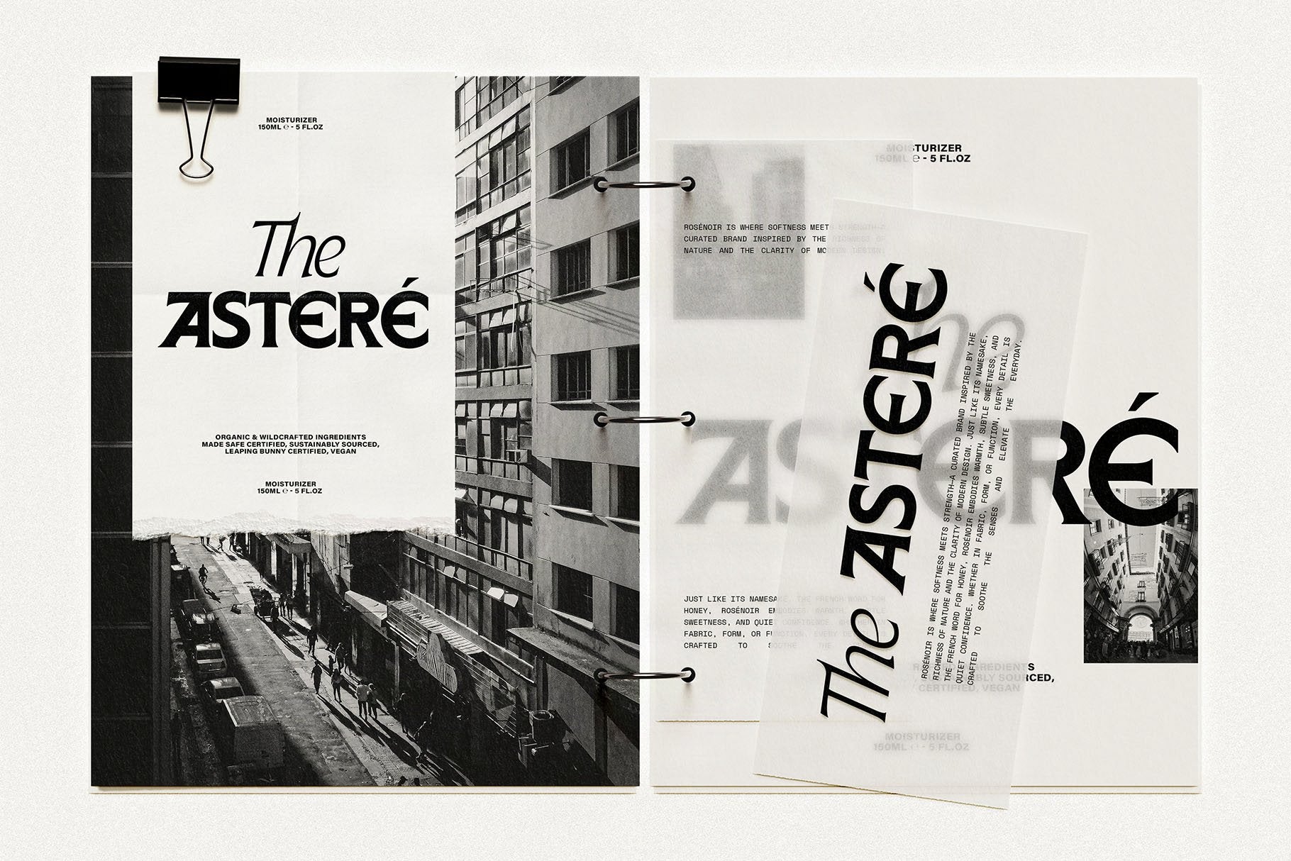 SLTF Arcilla in an expanded The Asteré editorial diptych — two panels showing the brand in collage form: a clean version with binder clip and architecture photography on the left, and a layered rotated multi-size composition on the right. Demonstrates how Arcilla scales across editorial systems from single display headlines to full brand applications.
