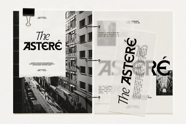 SLTF Arcilla in an expanded The Asteré editorial diptych — two panels showing the brand in collage form: a clean version with binder clip and architecture photography on the left, and a layered rotated multi-size composition on the right. Demonstrates how Arcilla scales across editorial systems from single display headlines to full brand applications.
