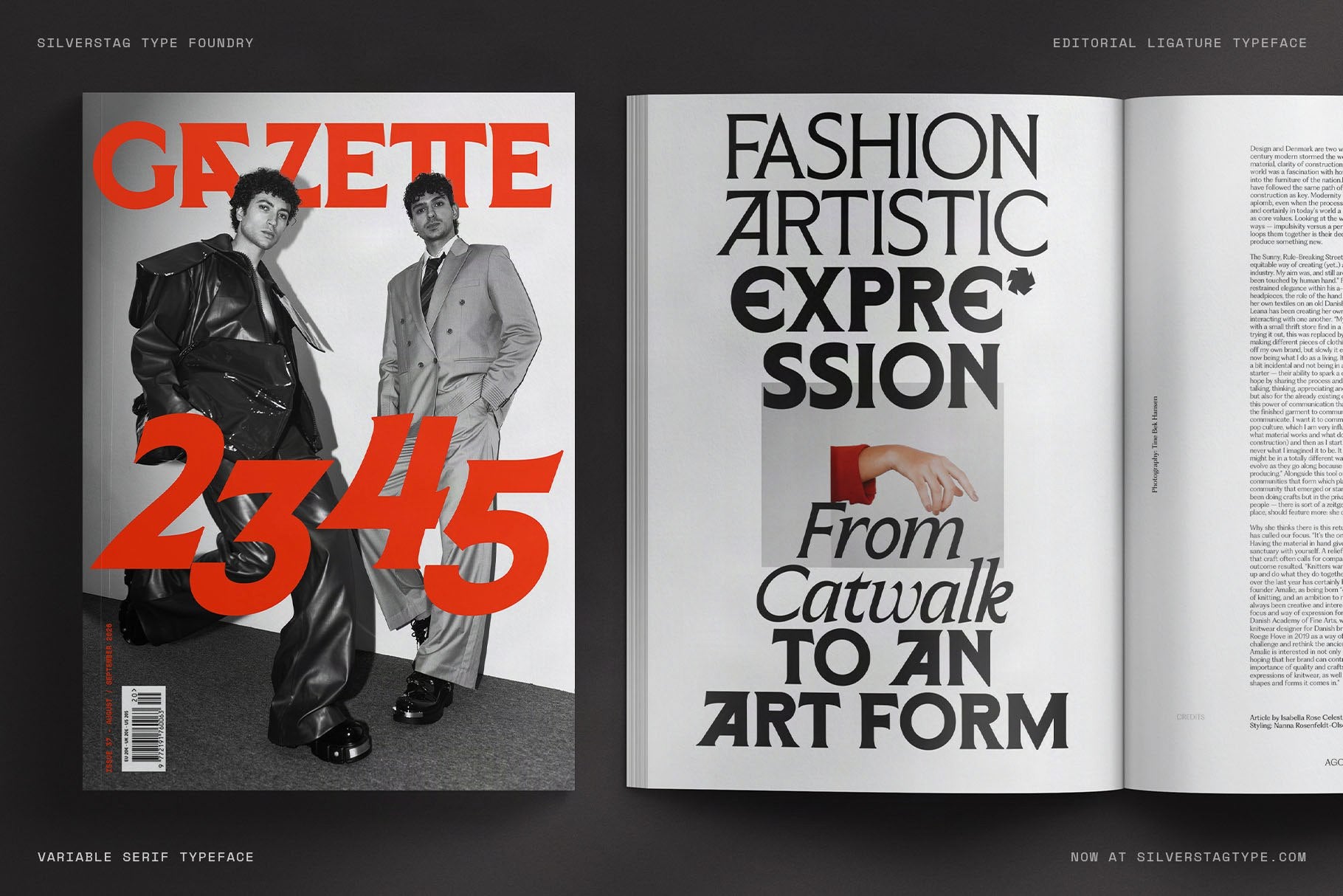 SLTF Arcilla in a full magazine mockup — left panel shows a Gazette magazine cover with the masthead and large red Bold numerals 2345 over a black and white fashion photograph. Right panel shows an interior spread with FASHION ARTISTIC EXPRESSION in stacked display type and From Catwalk TO AN ART FORM in mixed weights. A comprehensive editorial use case.