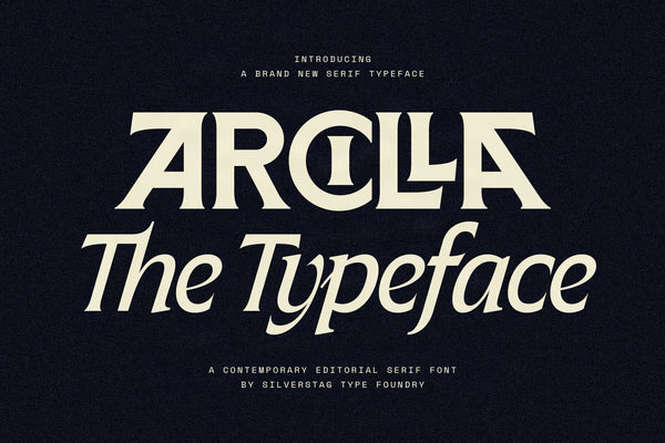 SLTF Arcilla variable editorial serif typeface — alternate launch title card with the wordmark ARCILLA in Black weight and The Typeface in Bold Italic, rendered in warm cream on a deep dark navy textured background. Introduced as a contemporary editorial serif font family by SilverStag Type Foundry. Dark colorway version of the hero specimen card.